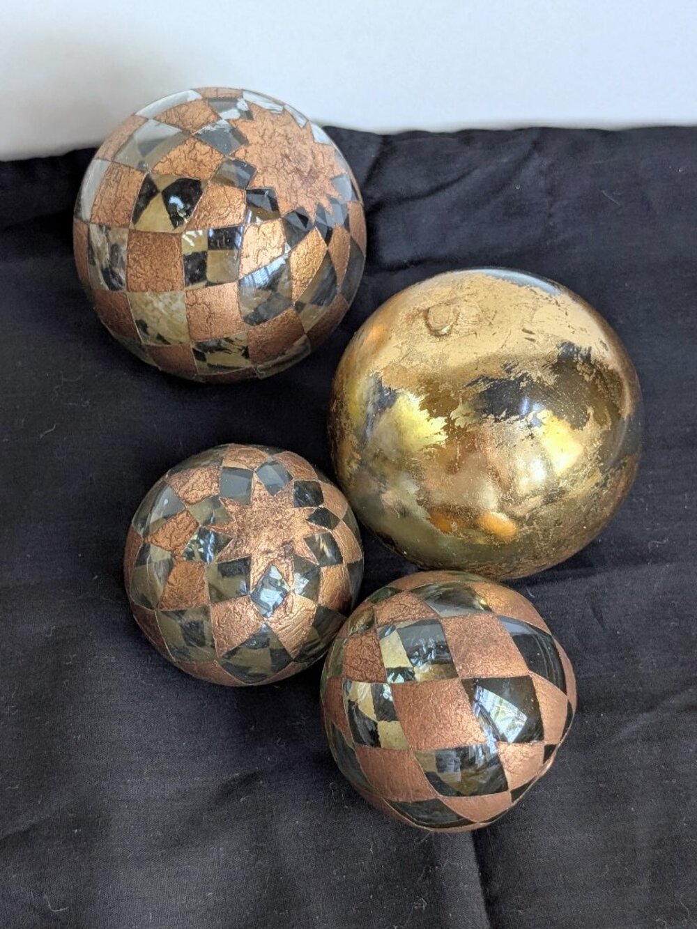 Lot of 4 Decorative Glass Spheres geometric bronze finish + Gold Leaf 3.75" & 3"